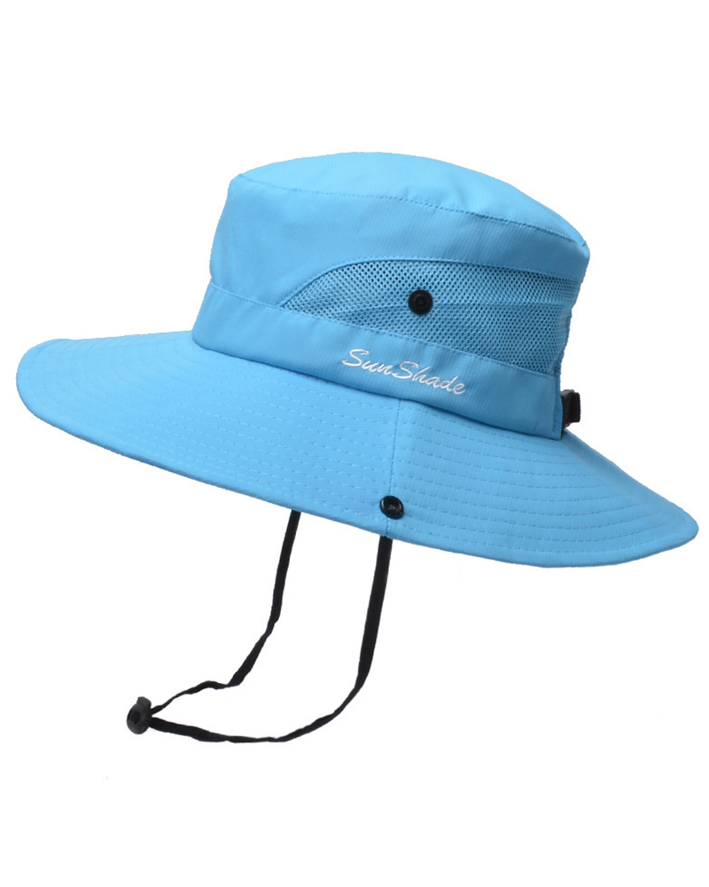 

Drawstring Contrast Paneled Wide Brim Sun Bucket Hat, Blue