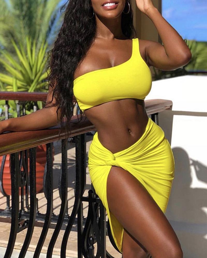 

One Shoulder Crop Top & Twisted Slit Skirt Set, Yellow