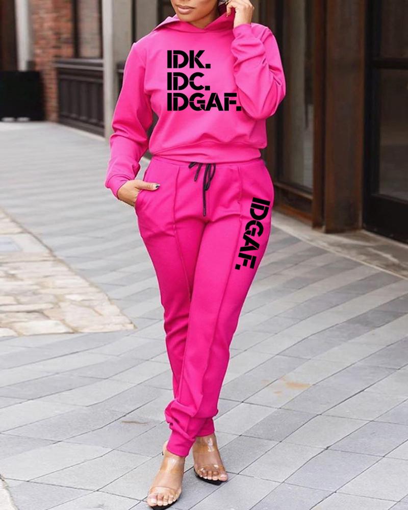 

Letter Print Long Sleeve Casual Hoodie & Pants Set, Hot pink