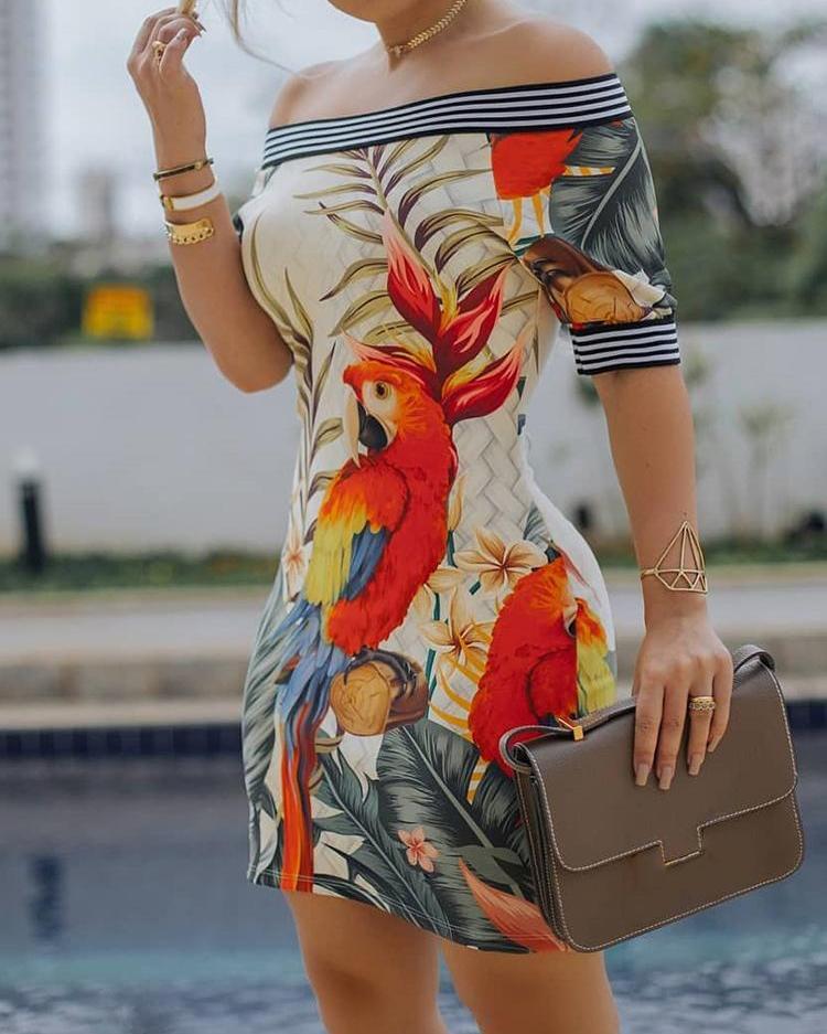 

Off Shoulder Animal Striped Print Dress, Beige