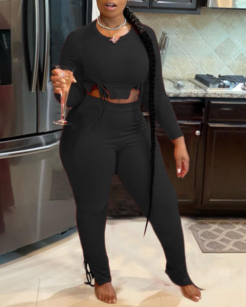

Ribbed Drawstring Ruched Long Sleeve Crop Top & Split Hem Pants Set, Black