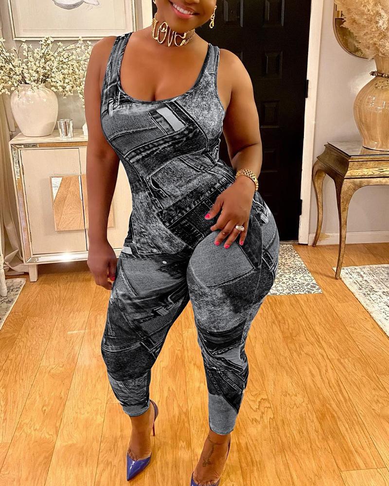 

Denim Look Print Scoop Neck Sleeveless Jumpsuit, Black