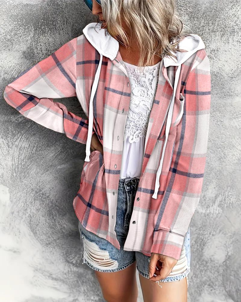 

Plaid Print Buttoned Hooded Top, Pink