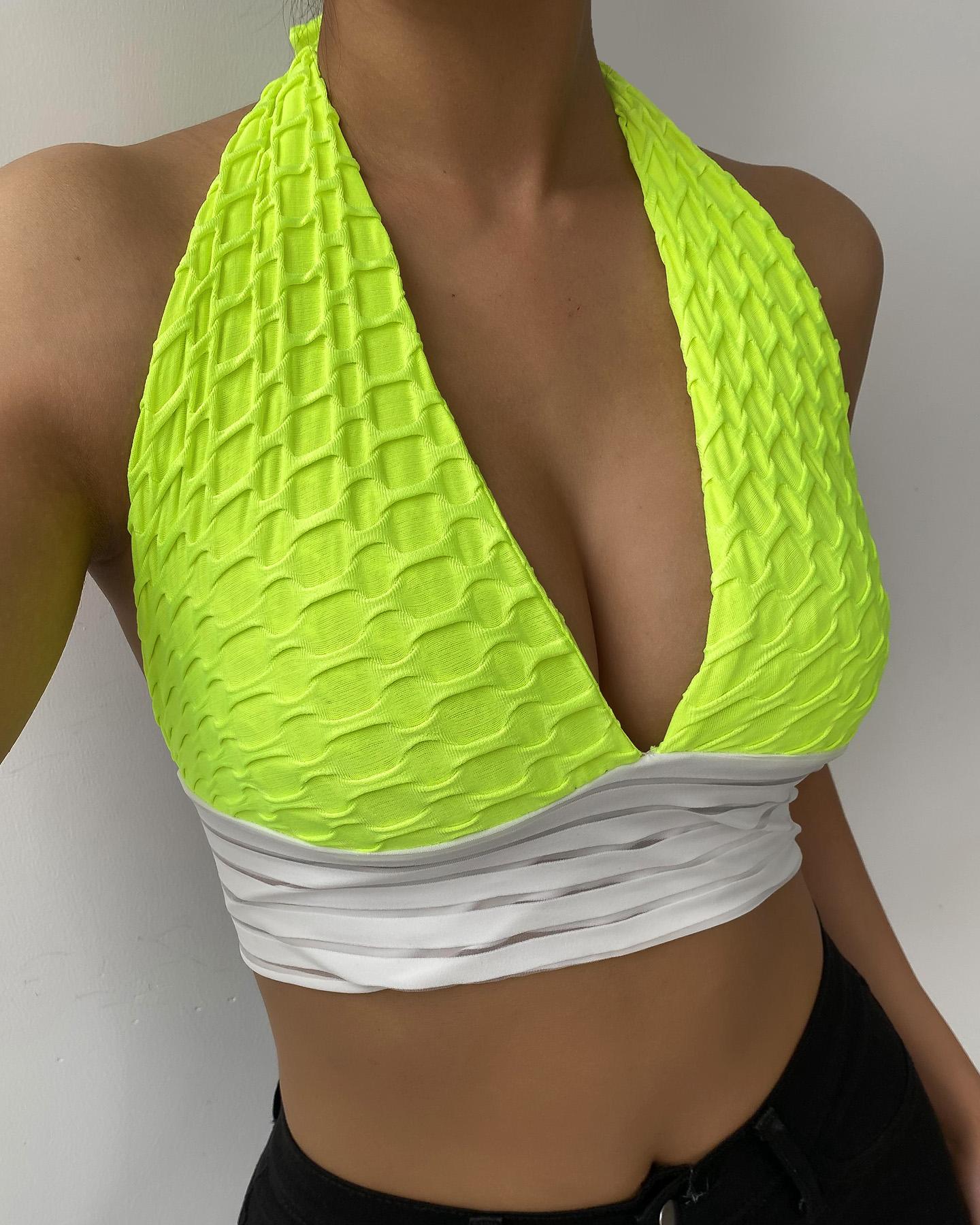 

Color Block Embossing Halter Sleeveless Skinny Cropped Top, Green