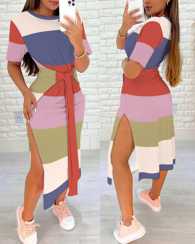 

Striped Colorblock Tied Detail Slit Casual Dress, Multicolor