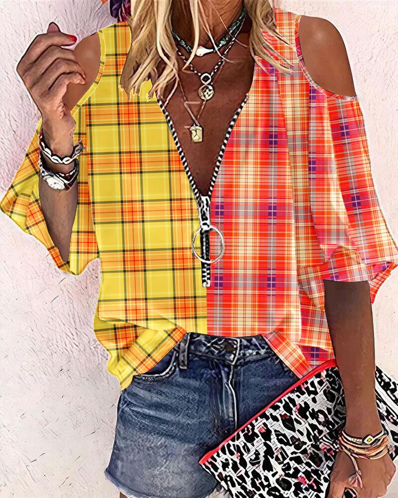 

Colorblock Plaid Print Cold Shoulder Top, Yellow