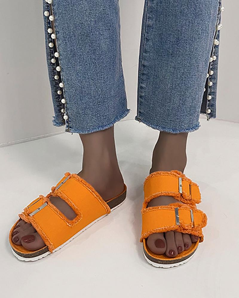 

Raw Hem Buckled Cutout Denim Slippers, Orange