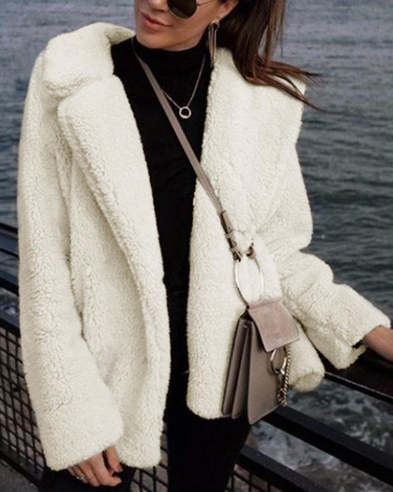 

Long Sleeve Open Front Teddy Coat, Beige