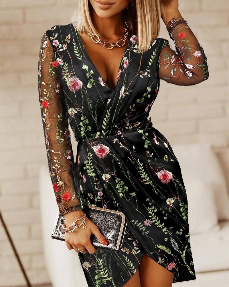 

Floral Embroidery Sheer Mesh Party Dress, Black