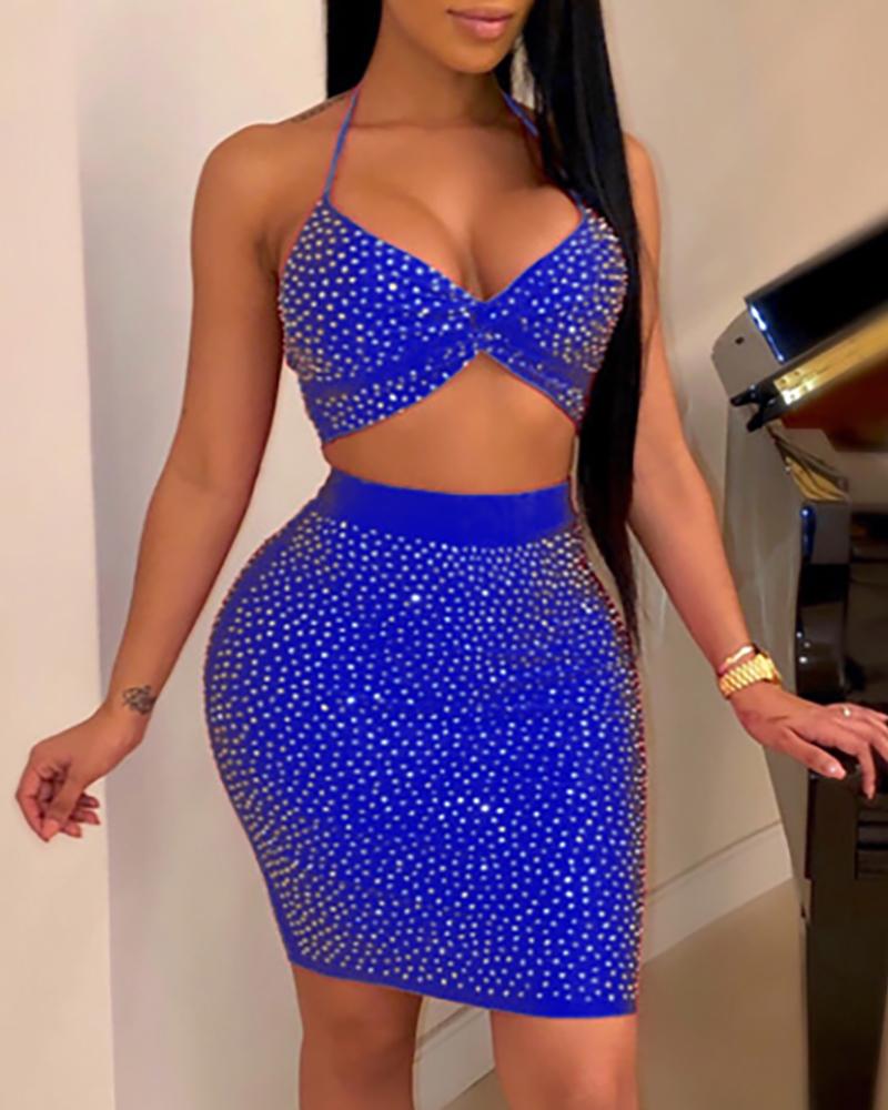 

Hot Stamping Backless Top & Skirt Sets, Blue