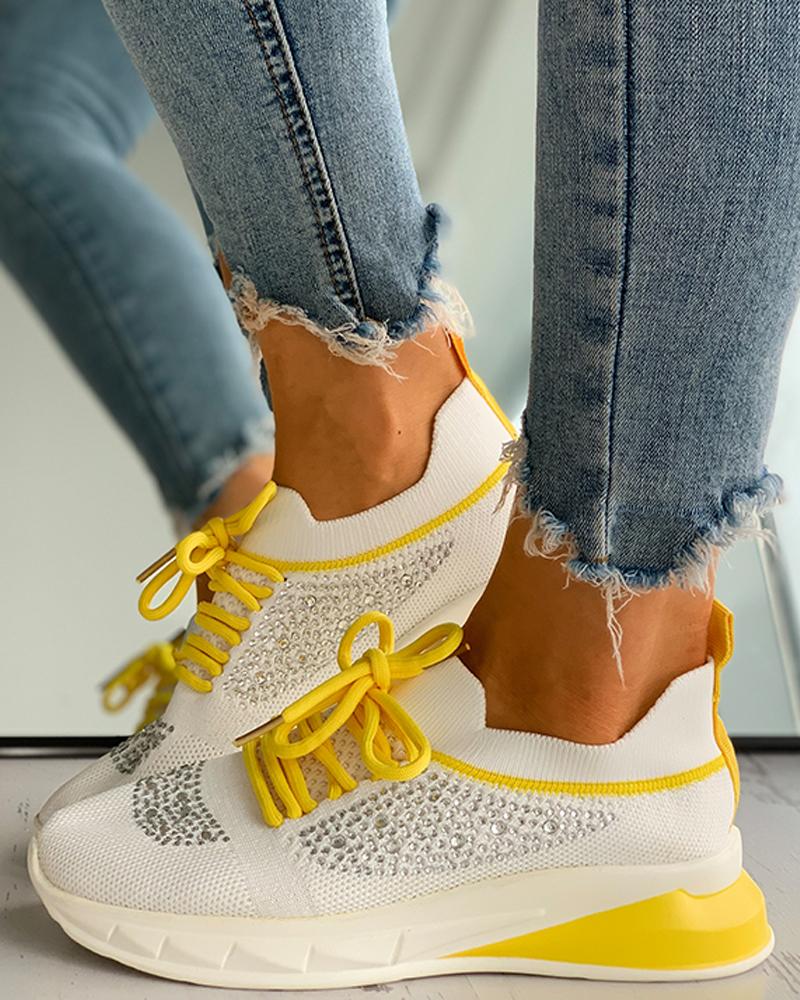 

Knit Studded Lace-up Colorblock Sneakers, Yellow