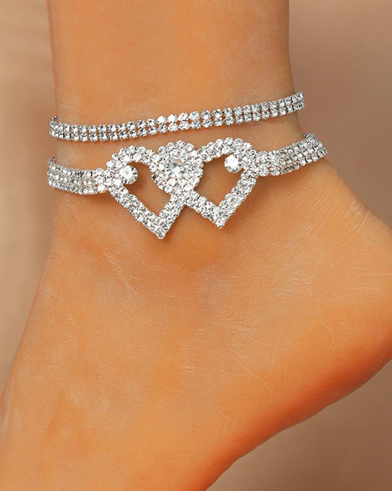 

2PCS/Set Rhinestone Double Heart Stackable Anklets, Style2