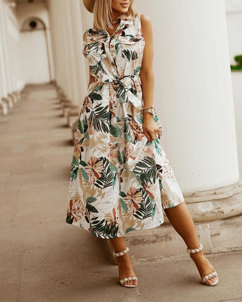 

Tropical Print Button Front Sleeveless Belted Casual Dress, Multicolor