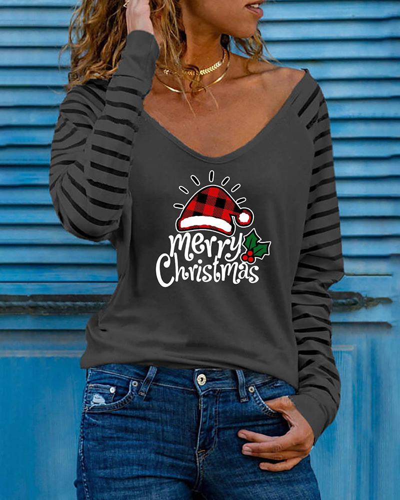 

Christmas Long Sleeve Letter Hat Plaid Print Top, Dark grey