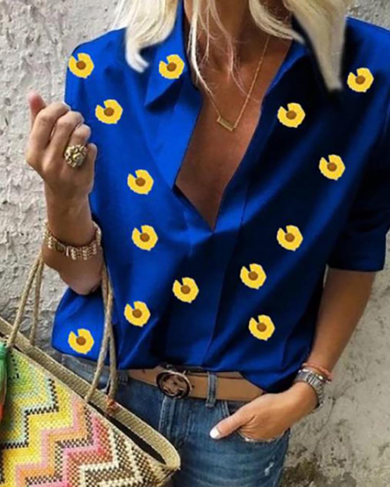 

Daisy Print Button Design Casual Shirt, Blue
