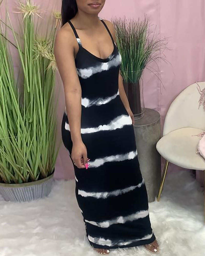 

Tie Dye Print V-Neck Thin Strap Maxi Dress, Black