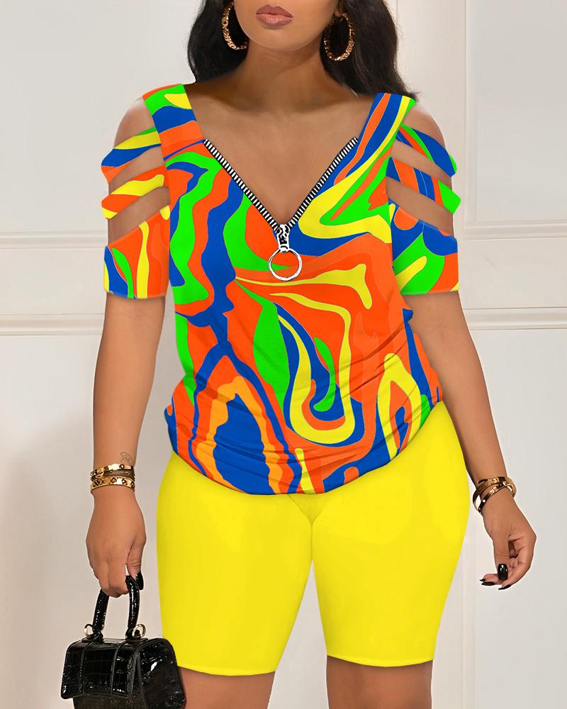 

Multi-Color Abstract Print Cold Shoulder Top & Shorts Set, Yellow