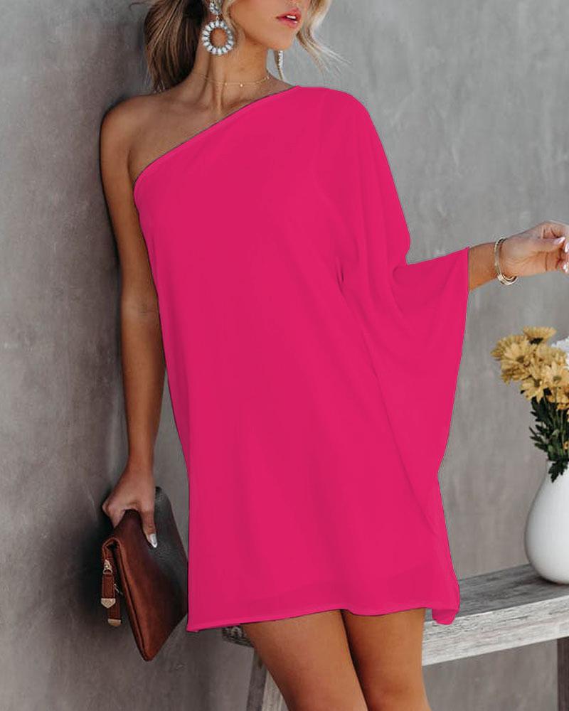 

One Shoulder Plain Casual Dress, Rose red