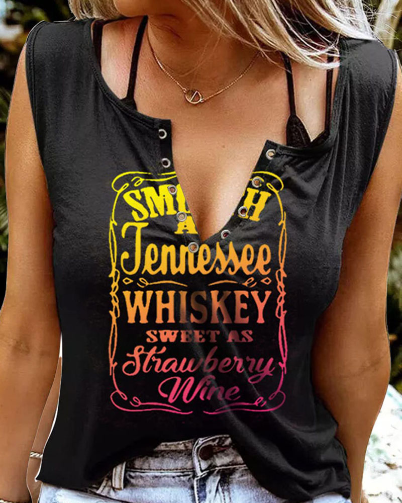 

Smooth As Tennessee Whiskey Sweet As Strawberry Wine Print Eyelet Decor Casual Tank Top, Multicolor