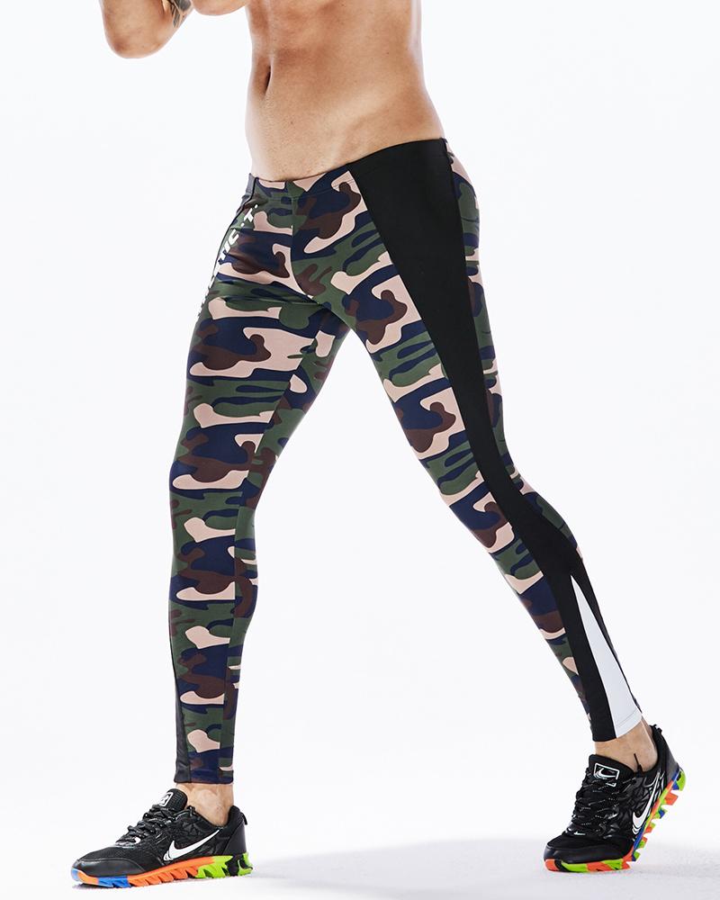 

Men Letter Print Camouflage / Colorblock Yoga Leggings, Green