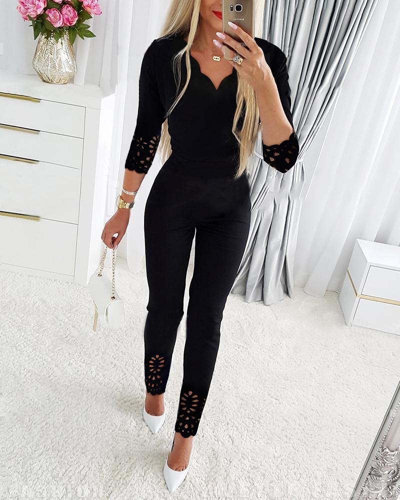

Hollow Out Scallop Trim V-Neck Jumpsuit, Black