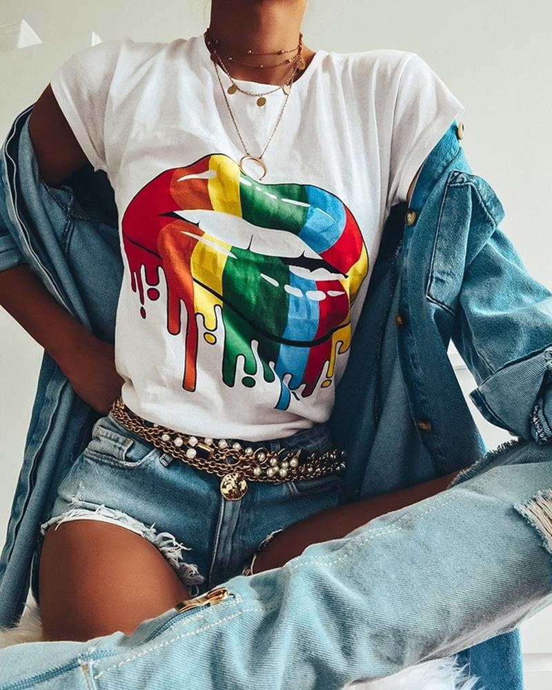 

Lip Print Short Sleeve Casual T-shirt, White