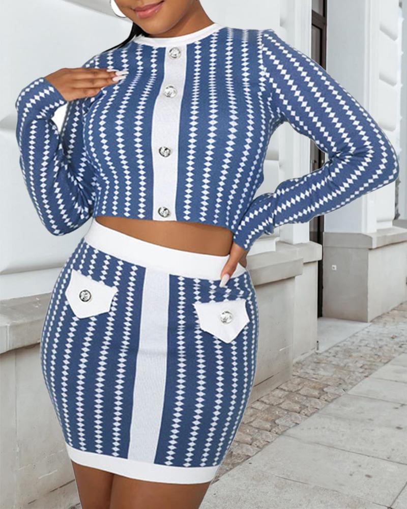 

Plus Size Colorblock Button Front Crop Top & High Waist Skirt Set, Blue