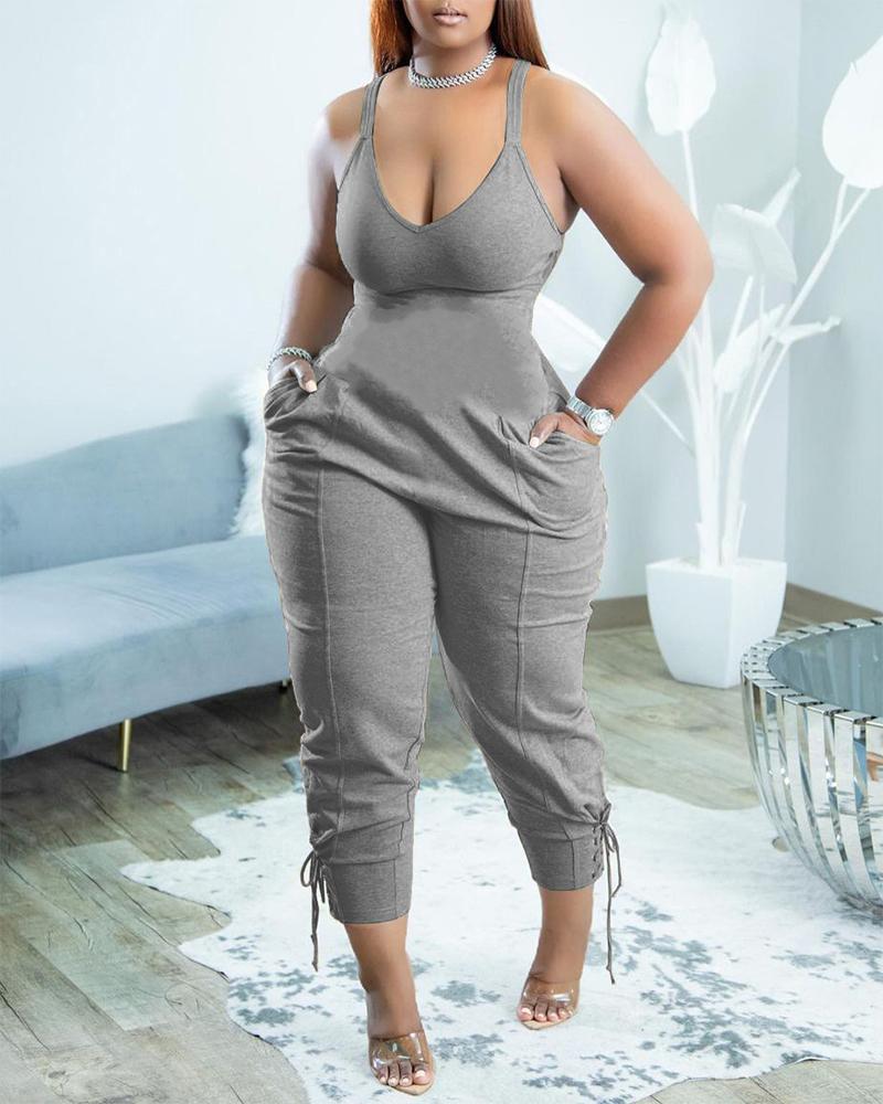 

Plus Size U-Neck Sleeveless Pocket Design Jumpsuit, Gray