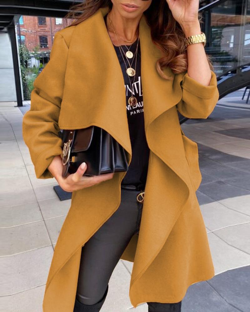 

Long Sleeve Waterfall Neck Belted Coat, Khaki