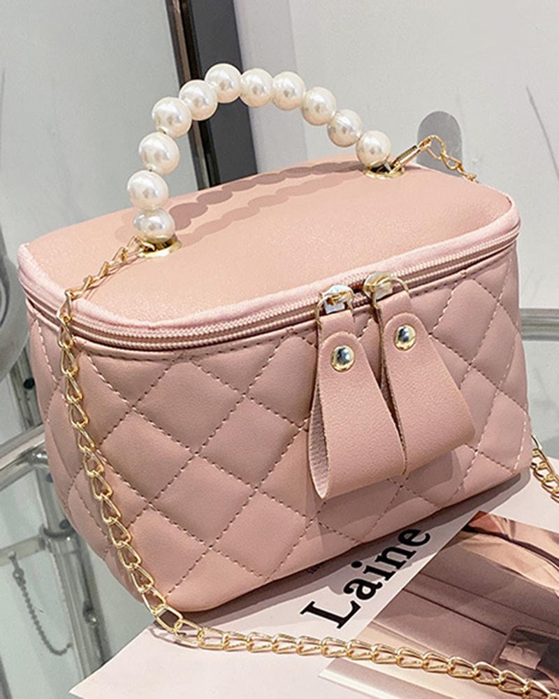 

Pearls Top Handle Quilted Bucket Handbag Trendy Crossbody Bag, Pink