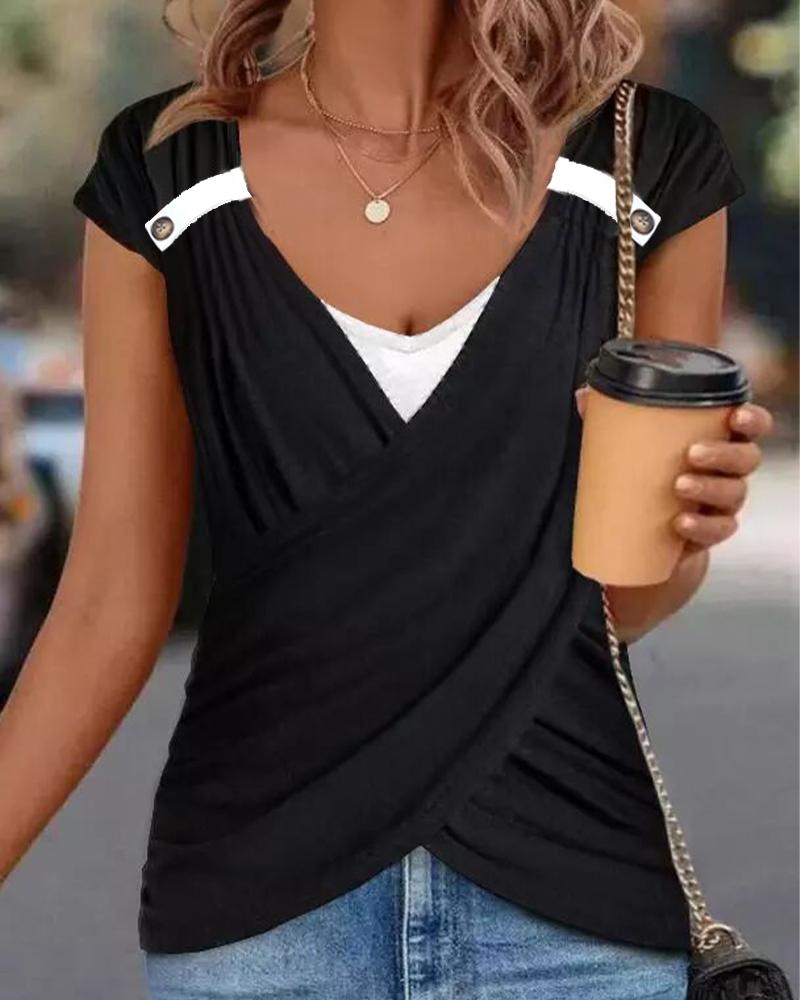 

Fake Two Pieces Colorblock Wrap Ruched Top, Black