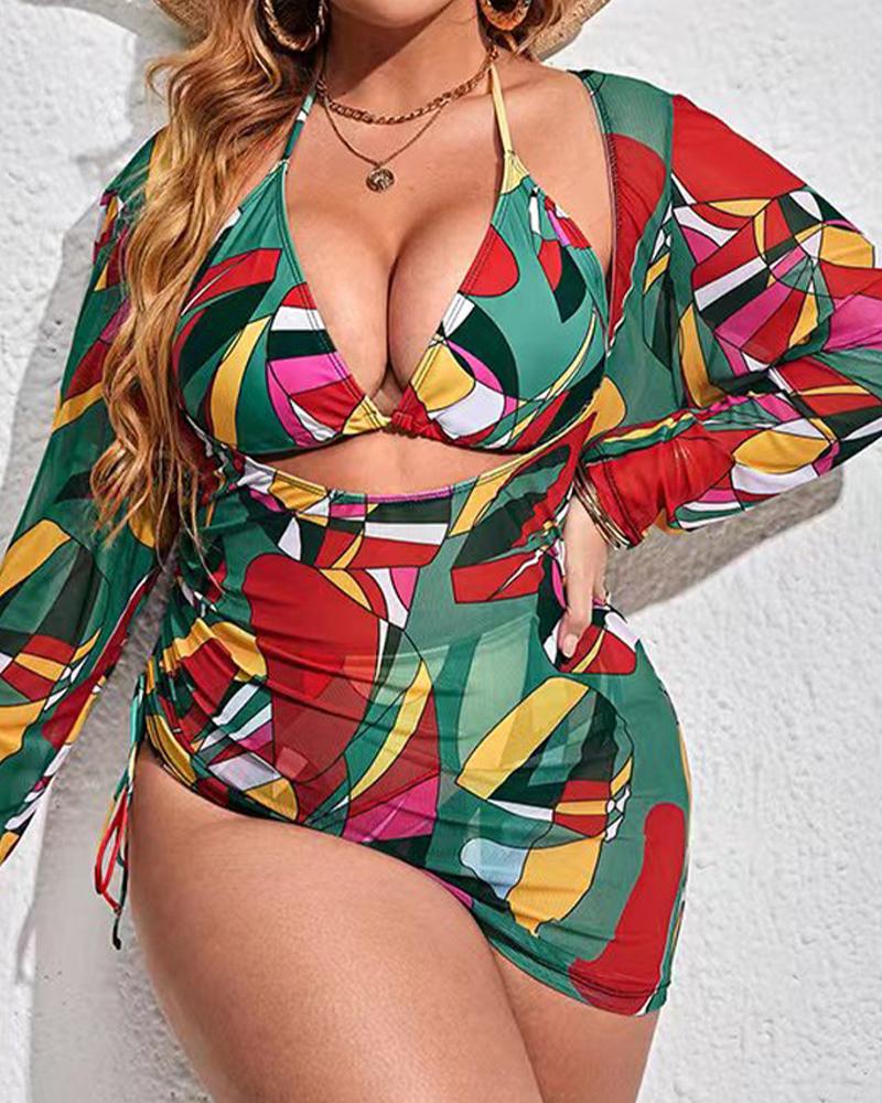 

Plus Size 3PCS Abstract Print Bikini Set With Cover Up, Red