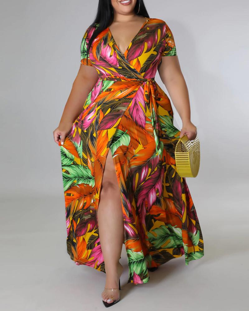 

Plus Size Tropical Print Belted Slit Maxi Dress, Orange