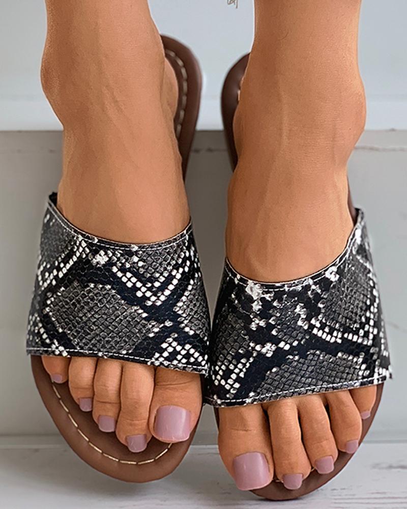 

Butterfly / Snakeskin Print Open Toe Flat Sandals, Black
