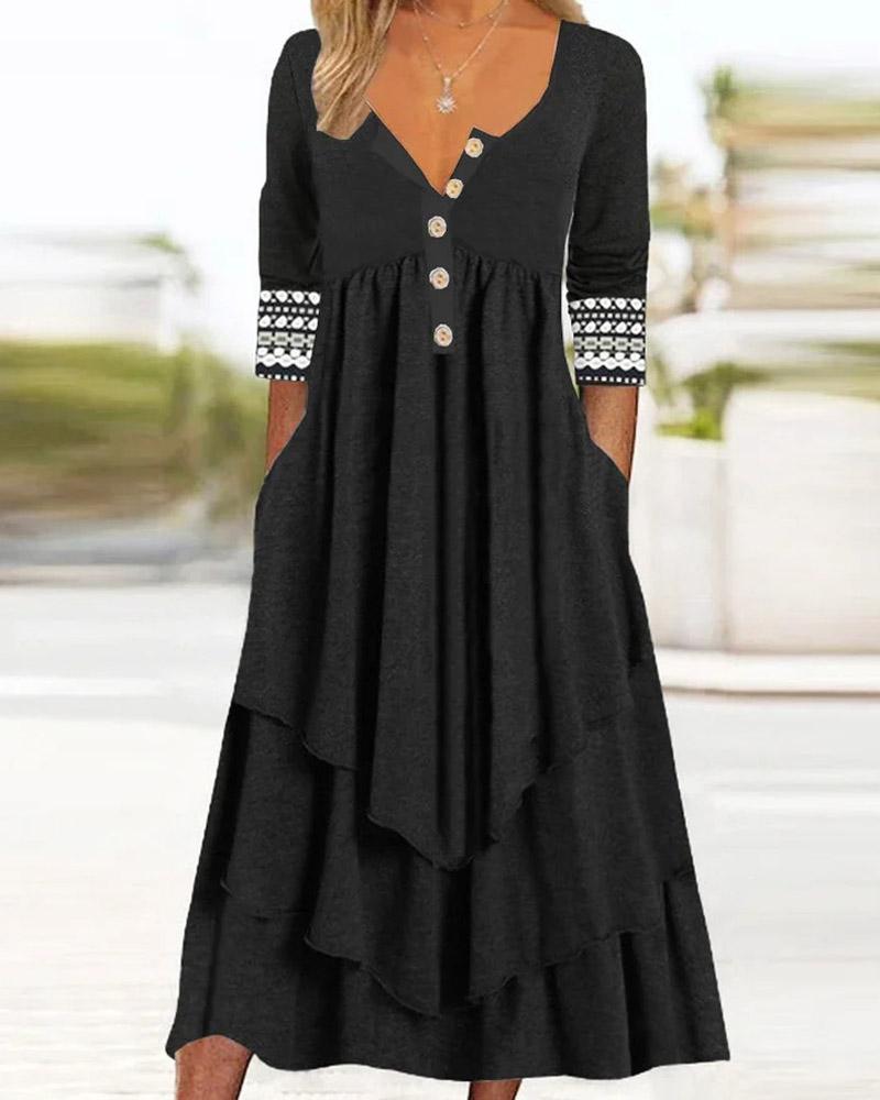 

Geometric Print Layered Ruffle Hem Casual Dress, Black