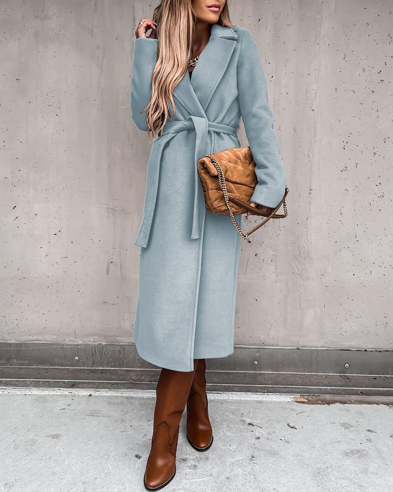 

Notched Collar Slit Overcoat With Belt, Blue