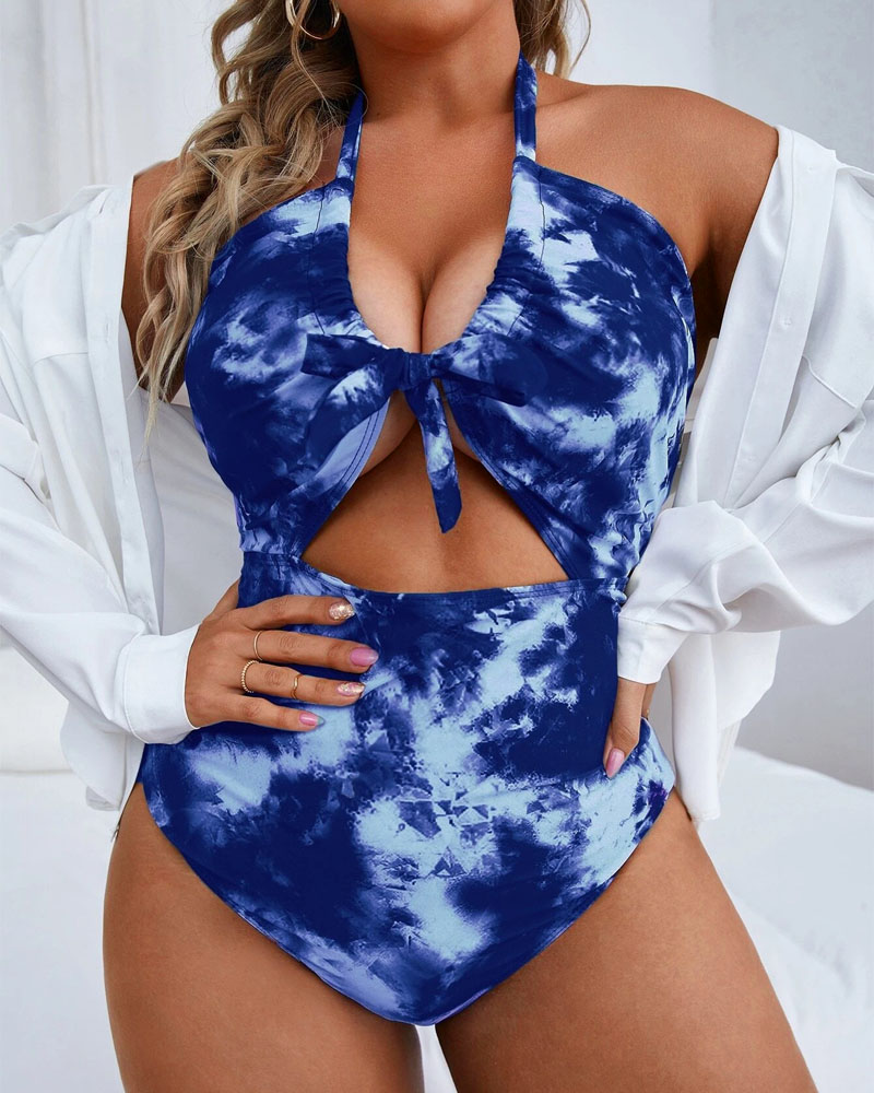 

Plus Size Tie Dye Print Cutout Halter One-Piece Swimsuit, Blue