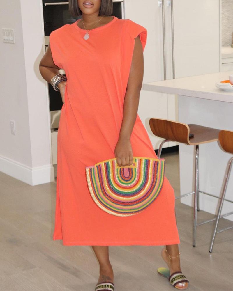 

Shoulder Pad Split Hem Casual Dress, Orange