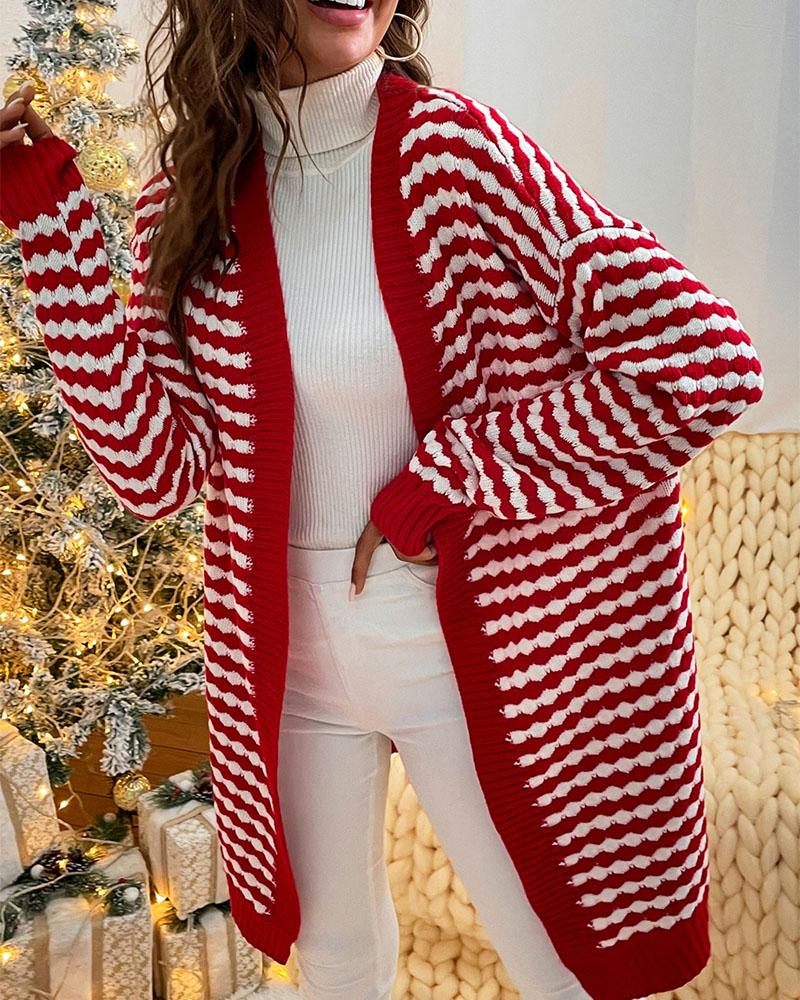 

Christmas Striped Open Front Cardigan, Red