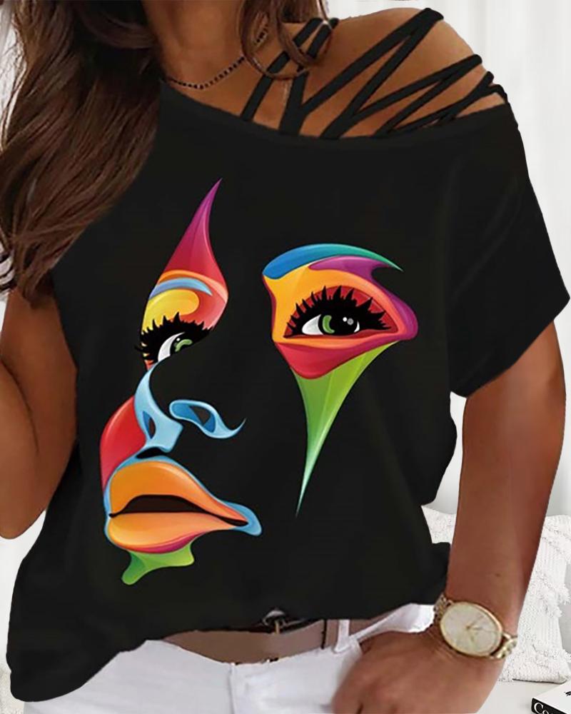 

Plus Size Figure Print Cold Shoulder Top, Black