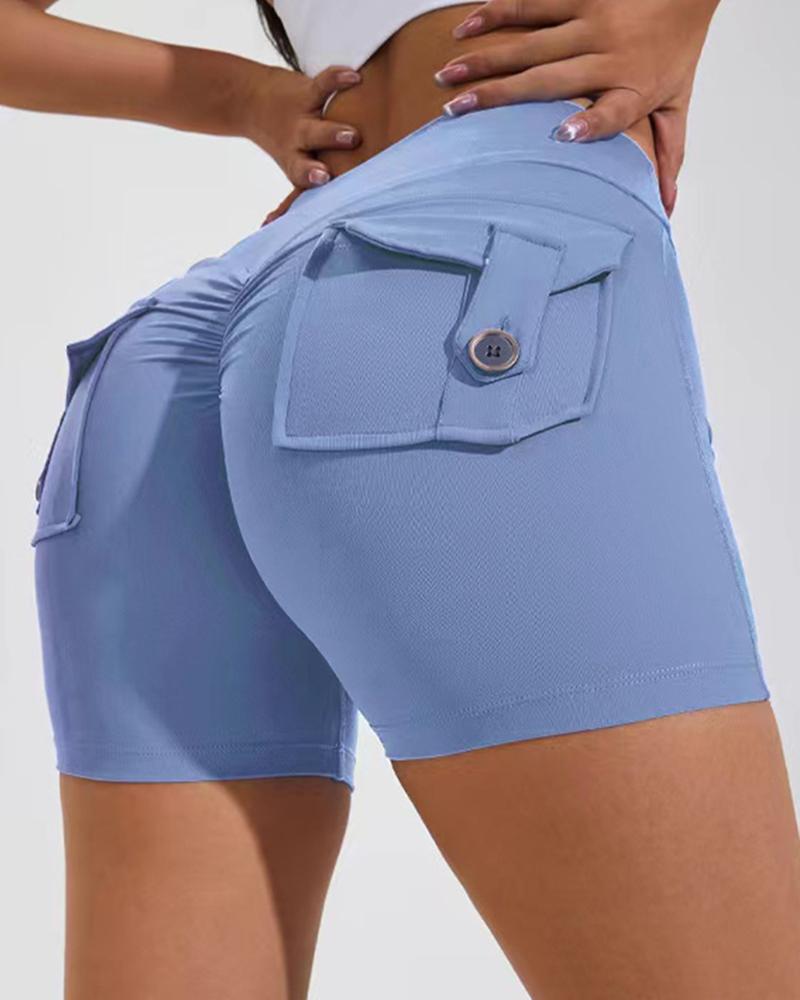 

Quick Dry Pocket Design Ruched Active Shorts, Lighted blue