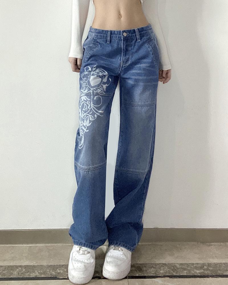 

Graphic Print Low Waist Straight Leg Jeans, Blue