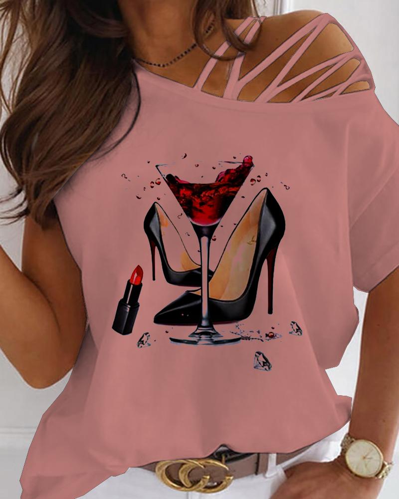 

Heels Graphic Print One Shoulder Lace-up T-shirt, Pink