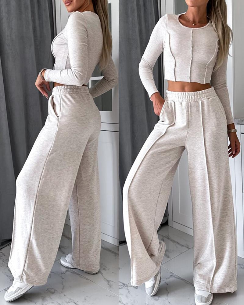 

Round Neck Piping Crop Top & Wide Leg Pants Set, Apricot
