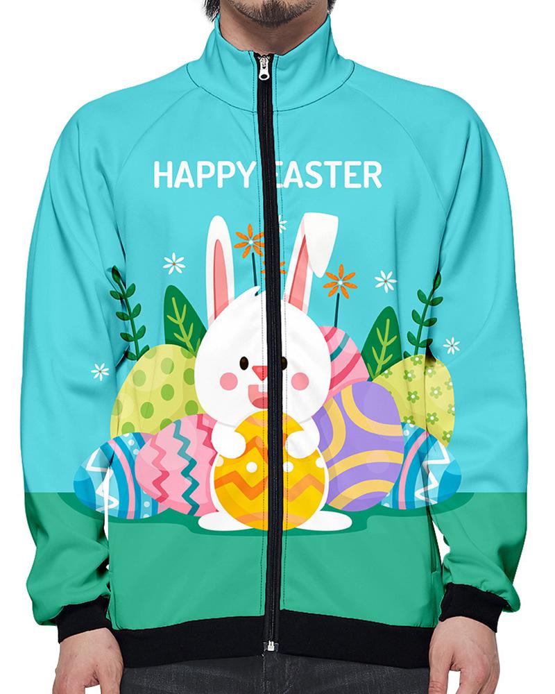 

Easter Rabbit Cartoon Print Long Sleeve Coat, Multicolor