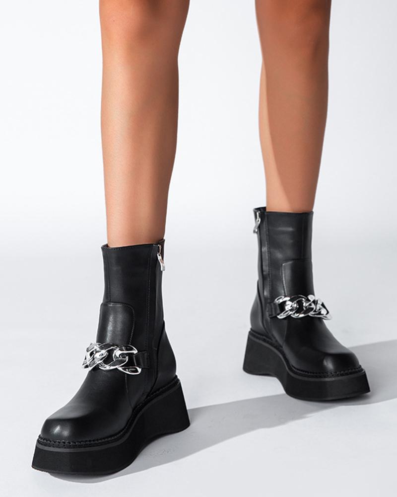 

Ladies Chain Decor Leather Round Toe Platform Booties, Black