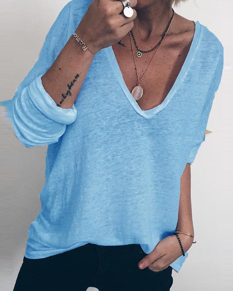 

Solid Brief V-neck Loose T-shirt, Blue