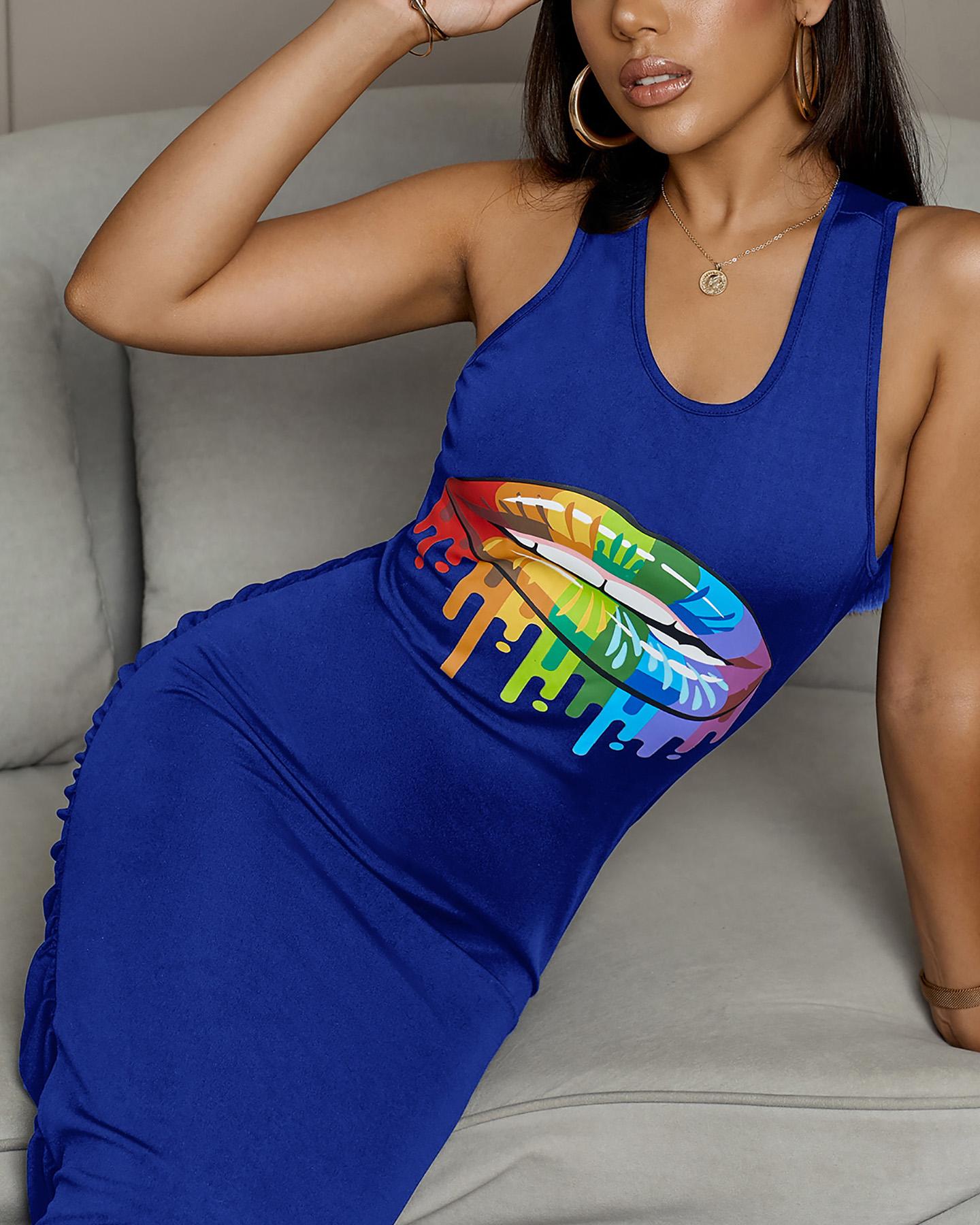 

Lip Print Cutout Back Sleeveless Dress, Dark blue