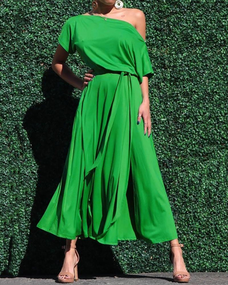 

One Shoulder Short Sleeve Swing Maxi Dress With Belt, Green