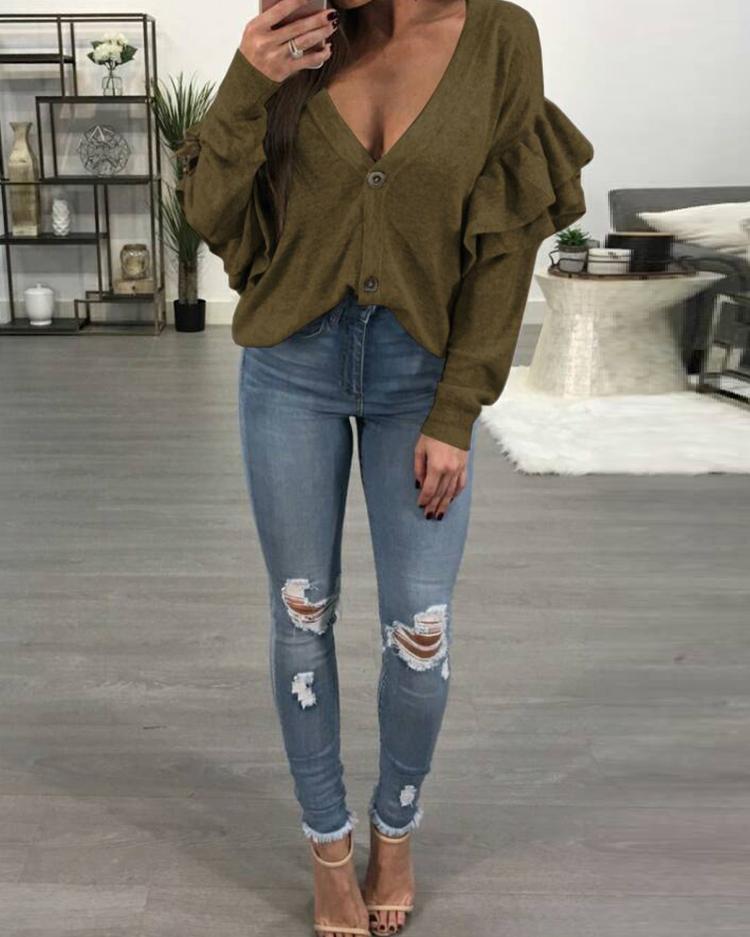 

Ruffles Deep V Button Loose Blouse Top, Khaki